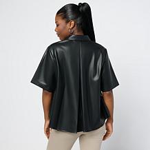 "As Is" DG2 by Diane Gilman Faux Leather Short Sleeve Swing Hem Shirt