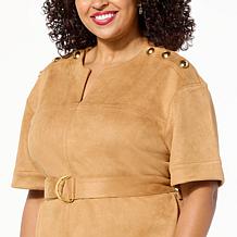 "As Is" DG2 by Diane Gilman Faux Suede Button Detail Belted Tunic