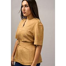"As Is" DG2 by Diane Gilman Faux Suede Button Detail Belted Tunic