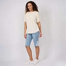 "As Is" DG2 by Diane Gilman Knit Plisse Short Sleeve Ruffle Top