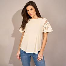 "As Is" DG2 by Diane Gilman Lace Combo Flutter Sleeve Top