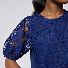 "As Is" DG2 by Diane Gilman Lace Eyelet Embroidered Puff-Sleeve Top