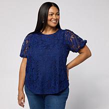 "As Is" DG2 by Diane Gilman Lace Eyelet Embroidered Puff-Sleeve Top