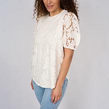 "As Is" DG2 by Diane Gilman Lace Eyelet Embroidered Puff-Sleeve Top