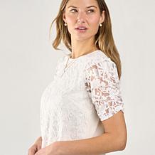 "As Is" DG2 by Diane Gilman Mixed Media Puff Sleeve Top with Keyhol...