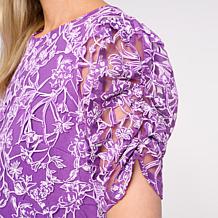 "As Is" DG2 by Diane Gilman Mixed Media Puff Sleeve Top with Keyhol...