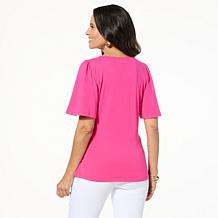 "As Is" DG2 by Diane Gilman Shirred Flutter-Sleeve Top