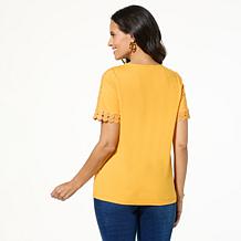 "As Is" DG2 by Diane Gilman Short Sleeve Lace Inset Top