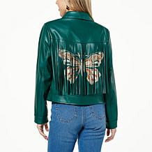 "As Is" G by Giuliana Black Label Faux Leather Graphic Fringe Jacket