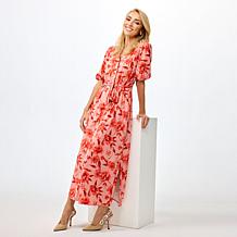 "As Is" G by Giuliana Woven Embroidered Puff-Sleeve Midi Dress