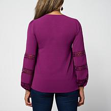 "As Is" Nina Leonard Notch Neck Textured Wave Top with Tie