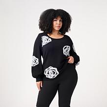 "As Is" Nina Leonard Round Neck Sweater with 3D Flowers