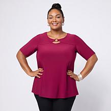 "As Is" Nina Leonard Silvertone Ring Keyhole Knit Top