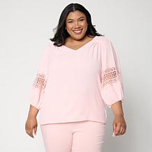 "As Is" Nina Leonard Textured Wave Balloon Sleeve V-Neck Top