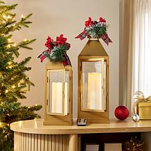 "As Is" Unmatched 2-piece Set Flameless Lanterns with Holiday Bows