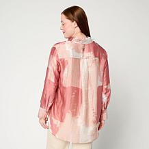 "As Is" WynneCollection Printed Woven Long-Sleeve Collared Shirt