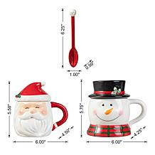 Christmas Ceramic Santa and Snowman Mug with Lid and Spoon - Set of 2