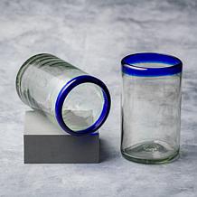Cobalt Rim Hiball Handblown Mexican Glass - Set of 6