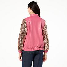 Colleen Lopez Sequin Sleeve Faux Leather Bomber Jacket
