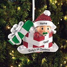 Custom Personalization Red & White Baby in Present Personalized Orn...