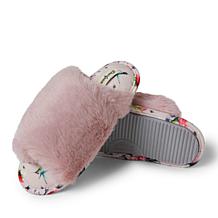 Dearfoams Women's Louise Furry Cross Band Slide with Eye Mask