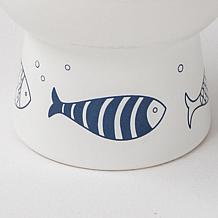 Dexypaws: Elevated 7oz Feeding Dish Ceramic Cat Bowl, White/Navy Fish