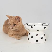 DexyPaws Elevated Ceramic Cat Bowl - White & Black Polka Dots