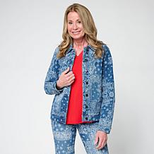 DG2 by Diane Gilman Classic Stretch Scarf Print Denim Jacket