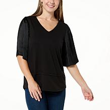 DG2 by Diane Gilman Contrast Pleated-Sleeve V-Neck Knit Top