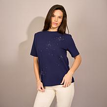 DG2 by Diane Gilman Cotton Jersey Embellished Crew-Neck Top