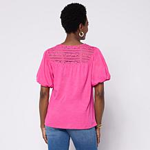 DG2 by Diane Gilman Cotton Modal Lace Yoke Bubble Sleeve Top