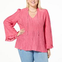 DG2 by Diane Gilman Crinkled Dobby Ruffled Flare Sleeve Blouse