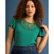 DG2 by Diane Gilman Crochet Lace Yoke Flutter Sleeve Top