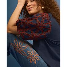 DG2 by Diane Gilman Embroidered Eyelet Puff Sleeve Slub Knit Tee