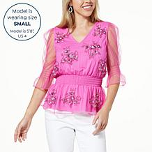 DG2 by Diane Gilman Embroidered Mesh Knit Puff-Sleeve Smocked Top