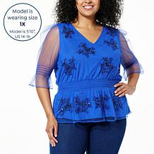 DG2 by Diane Gilman Embroidered Mesh Knit Puff-Sleeve Smocked Top