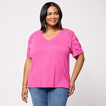 DG2 by Diane Gilman Everyday Jersey Eyelet Ruched Sleeve Top