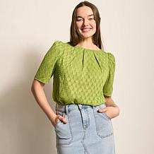 DG2 by Diane Gilman Geometric Clipped Jacquard Pleated Blouse