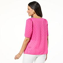 DG2 by Diane Gilman Geometric Clipped Jacquard Pleated Blouse