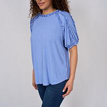 DG2 by Diane Gilman Knit Plisse Short Sleeve Ruffle Top