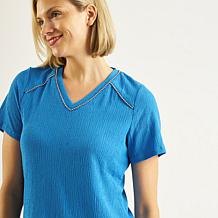 DG2 by Diane Gilman Knit Plissé V-Neck Top with Studded Trim