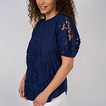 DG2 by Diane Gilman Lace Eyelet Embroidered Puff-Sleeve Top