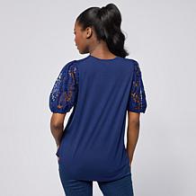 DG2 by Diane Gilman Lace Eyelet Embroidered Puff-Sleeve Top