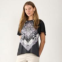 DG2 by Diane Gilman Mixed Media Scarf Printed Flutter Sleeve Top