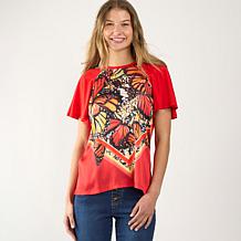 DG2 by Diane Gilman Mixed Media Scarf Printed Flutter Sleeve Top