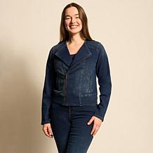 DG2 by Diane Gilman New Classic Stretch Denim Collarless Moto Jacket
