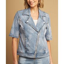 DG2 by Diane Gilman New Classic Stretch Denim Elbow Sleeve Moto Jacket