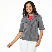 DG2 by Diane Gilman New Classic Stretch Denim Elbow Sleeve Moto Jacket