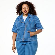 DG2 by Diane Gilman New Classic Stretch Denim Elbow Sleeve Moto Jacket