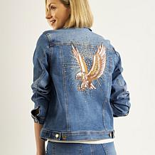 DG2 by Diane Gilman New Classic Stretch Denim Embroidered Jean Jacket